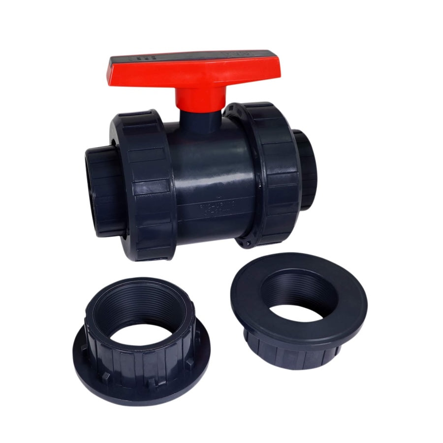 Midline Valve Heavy Duty PVC True Union Ball Valve Pink Handle 1'' FIP/Solvent Connections Grey Plastic