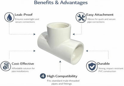 Reducing Female Threaded Tee, (Slip x Slip x Thread) PVC SCH40 5 Pack