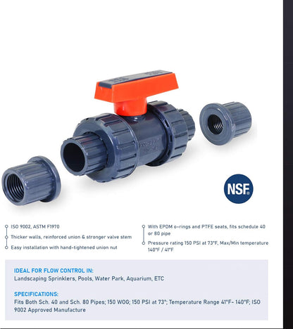 Midline 1-1/2" PVC True Union Ball Valve – FIP x Solvent, Heavy-Duty