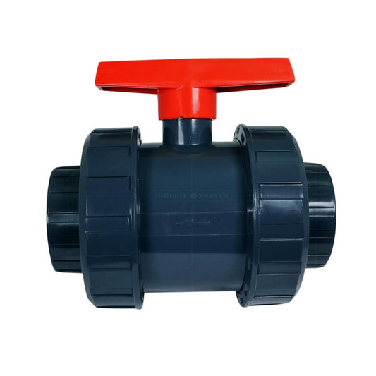 Midline Valve 482UT200 Heavy Duty PVC True Union Ball Valve Pink Handle 2'' FIP/Solvent Connections Grey Plastic, 2 in, Gray